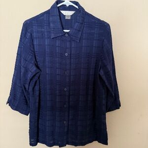 Allison Daley Checkered Navy Blue Linen Blend Lagenlook Button Up Top Women’s 10
